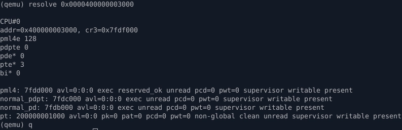 Screenshot of QEMU monitor showing a custom command that prints, in detail, the paging tables for any given virtual address.